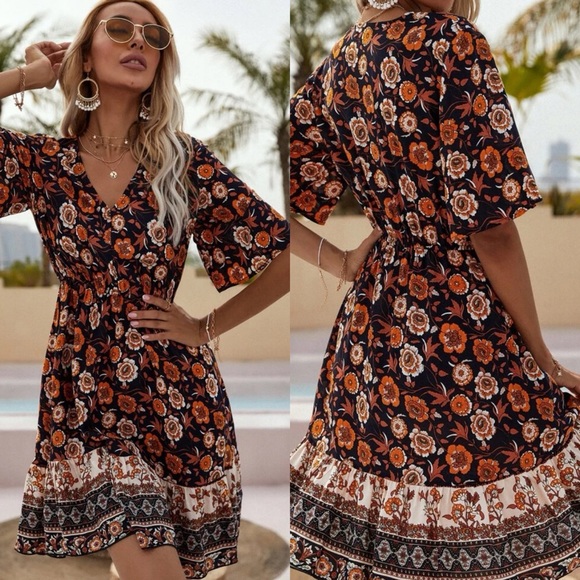 Dresses & Skirts - Boho gypsy floral print short sleeve v neck mini dress orange black
